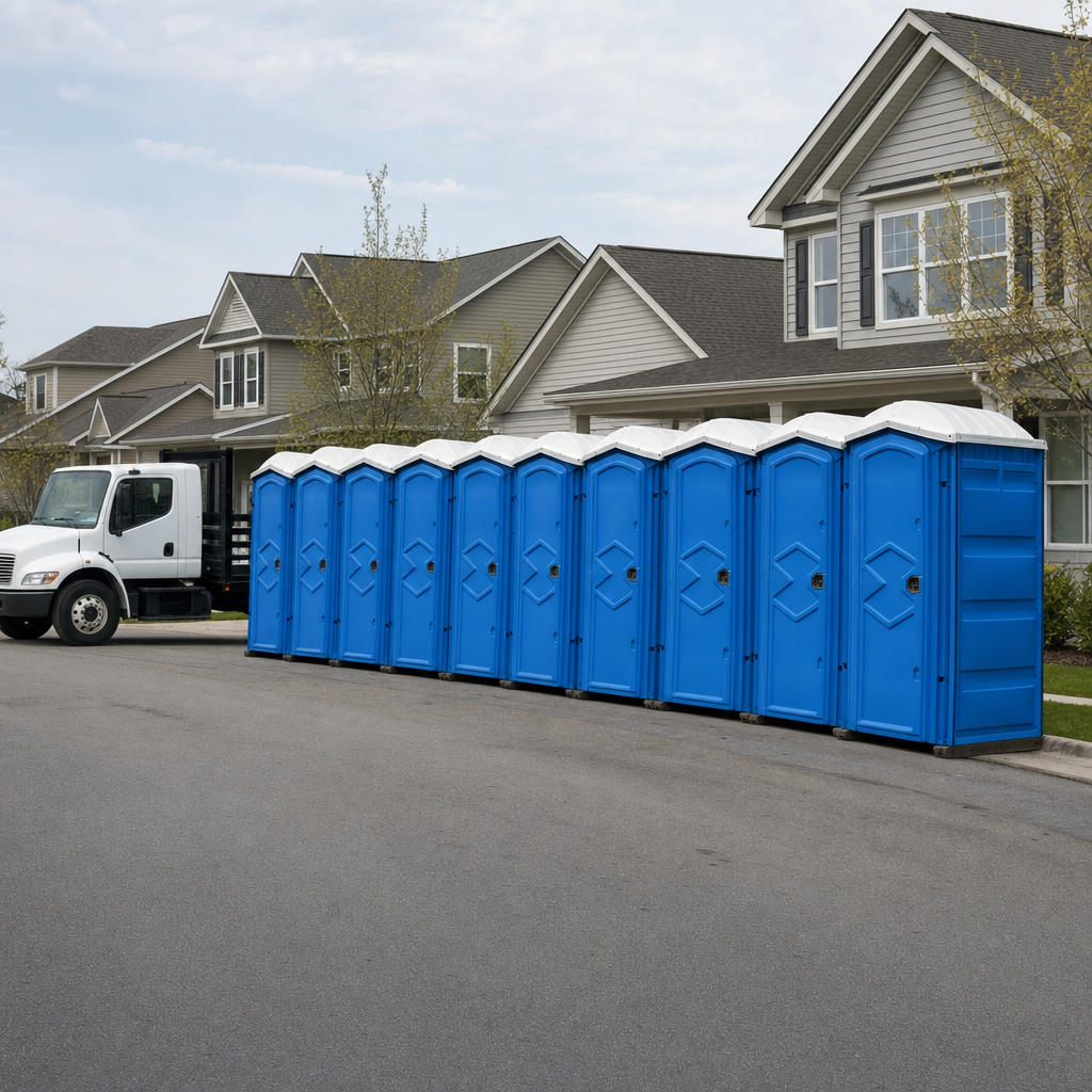 Royal blue portable toilets staged in a tidy row at a San Francisco jobsite, ready for delivery